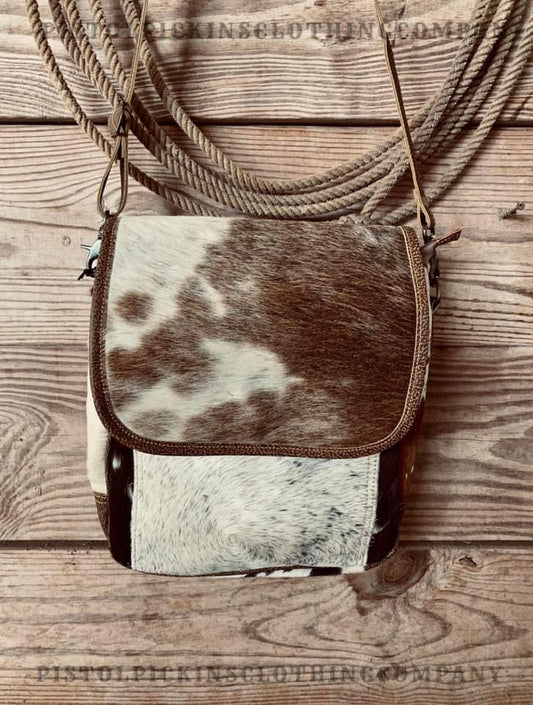 Cowhide Flap Over Crossbody Bag