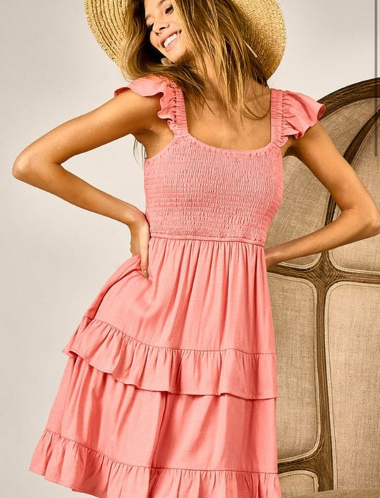 Coral Ruffled Tiered Dress