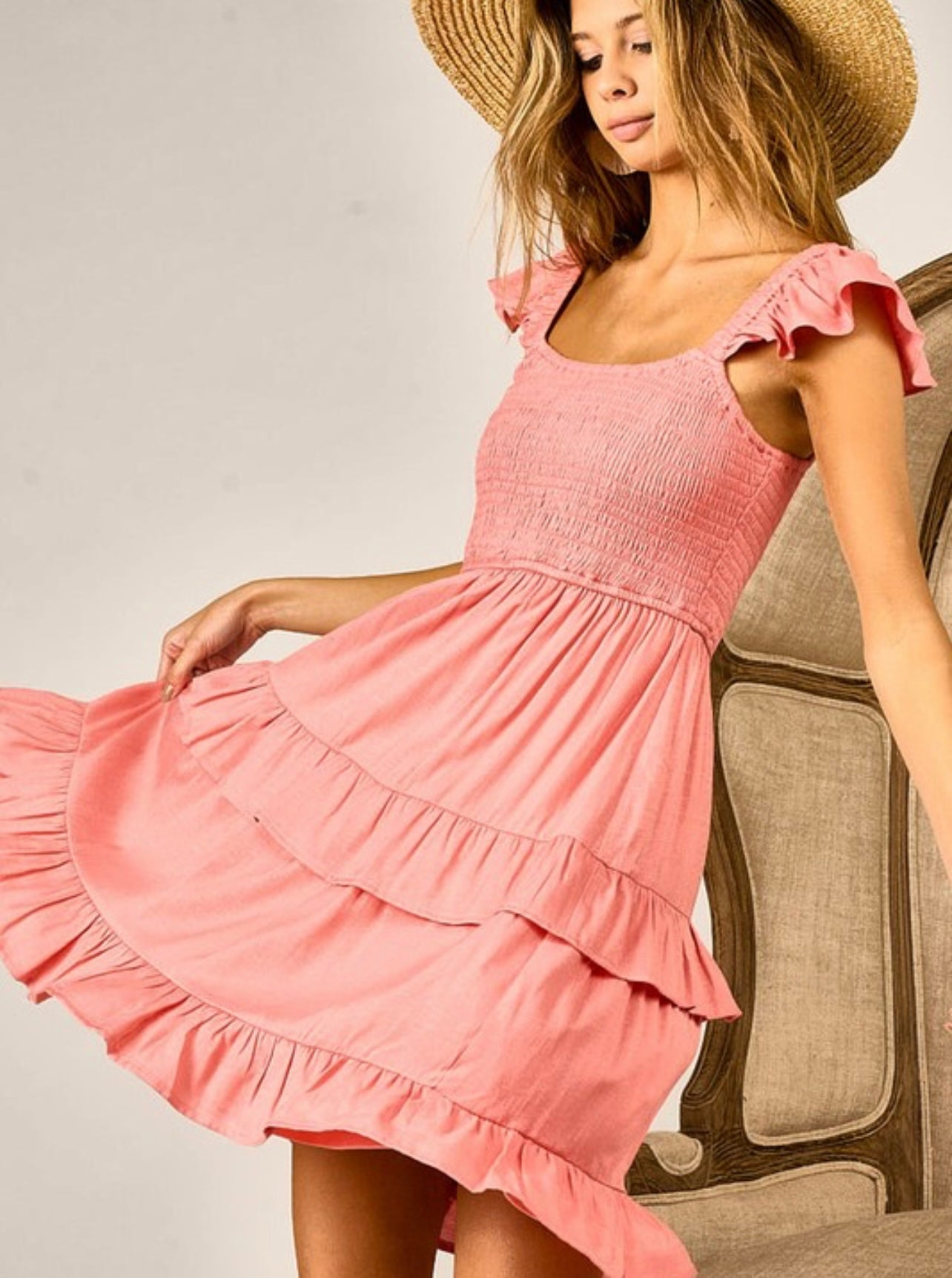 Coral Ruffled Tiered Dress